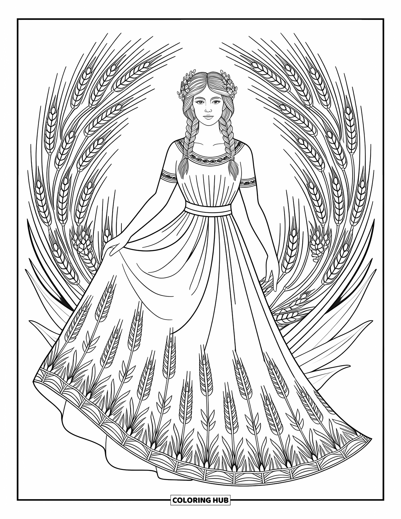 Greek Mythology Coloring Page for Adults: Demeter stands in wheat embroidery, crowned with barley, inside a cornucopia mandala