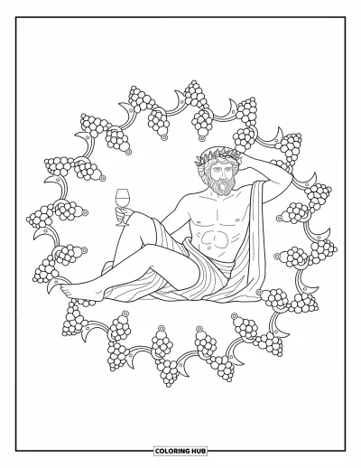 Dibujo de mitología griega para colorear para adultos: Dionisio descansa entre vides, rodeado de un mandala de cálices y vides enroscadas