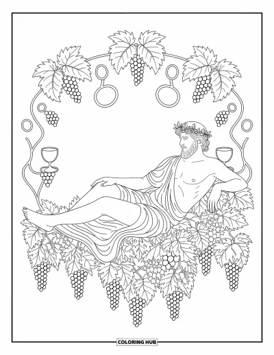 Dibujo de mitología griega para colorear para adultos: Dionisio descansa entre vides, con cálices de vino formando elegantes patrones en espiral