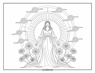 Dibujo de mitología griega para colorear para adultos: Eos brilla con la luz de la mañana, enmarcada por un mandala de rayos de sol y nubes suaves