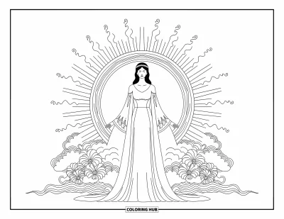 Dibujo de mitología griega para colorear para adultos: Eos saluda el amanecer con gracia, con rayos de sol y flores girando en anillos de mandala