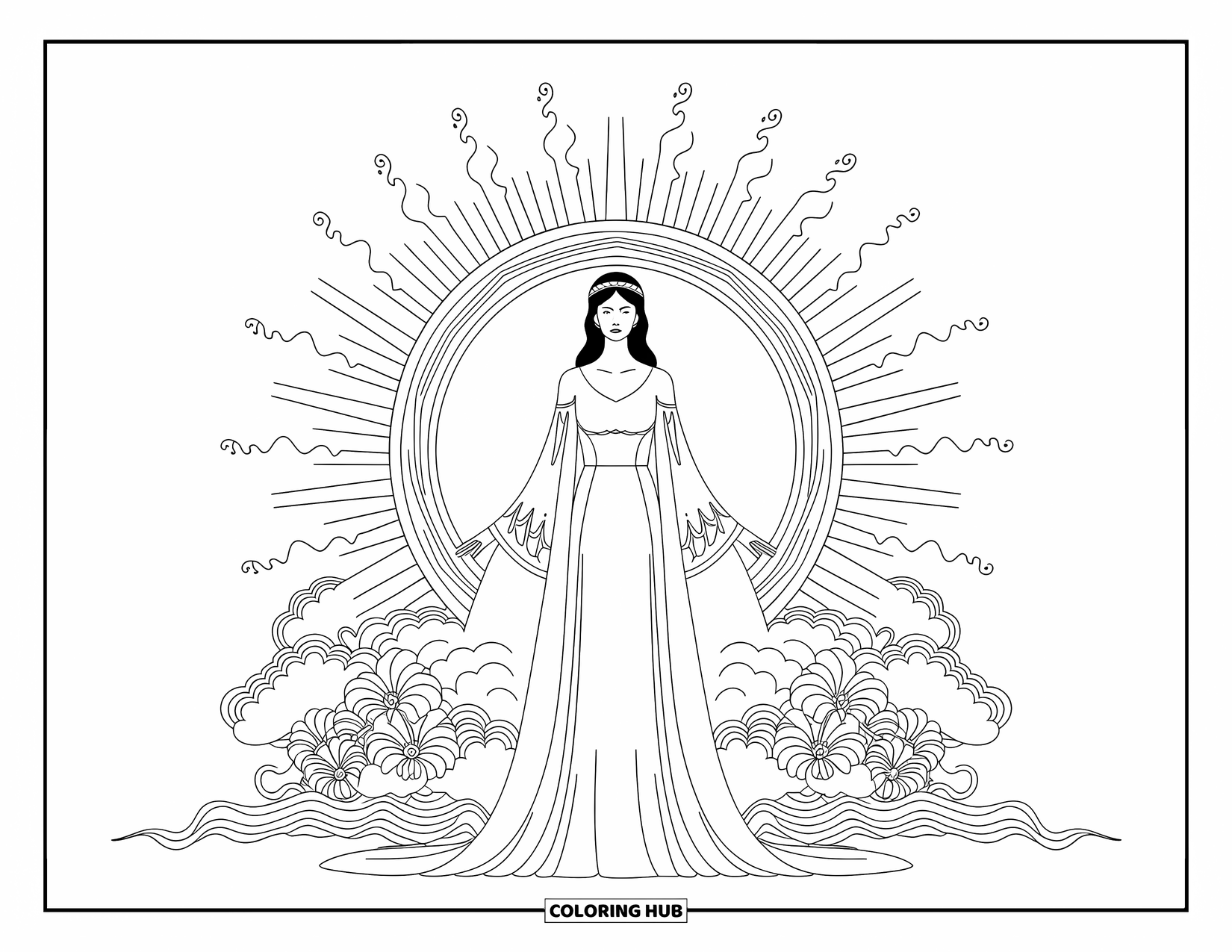 Greek Mythology Coloring Page for Adults: Eos greets the dawn with grace, sunrays and flowers swirling in mandala rings