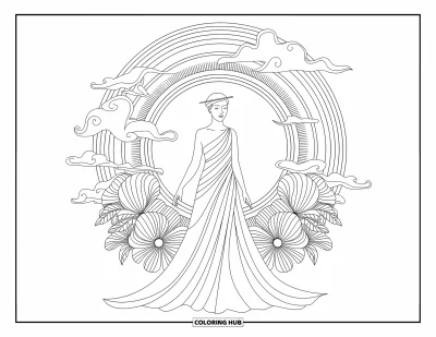 Dibujo de mitología griega para colorear para adultos: Eos resplandece con vestiduras fluidas, envuelta en nubes y mandalas de amanecer floridos