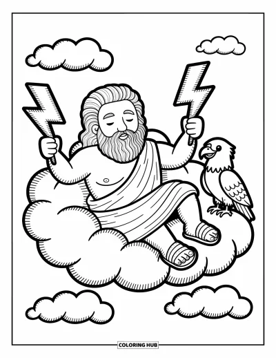 Dibujo de mitología griega para colorear para adultos: Un esponjoso Zeus descansa en una nube con rayos en forma de estrella y un juguetón águila