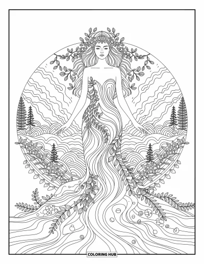 Dibujo de mitología griega para colorear para adultos: Gaia surge de la tierra entre vides fluidas con montañas y olas girando tras ella