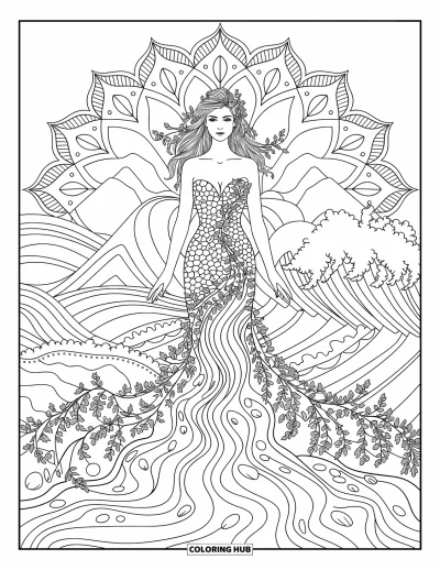 Dibujo de mitología griega para colorear para adultos: Gaia se yergue entre hojas y ríos, enmarcada por un tranquilo mandala de la naturaleza