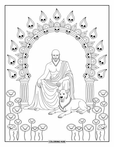 Dibujo de mitología griega para colorear para adultos: Hades y Cerbero están entre calaveras, fuego y flores en una serena escena del inframundo