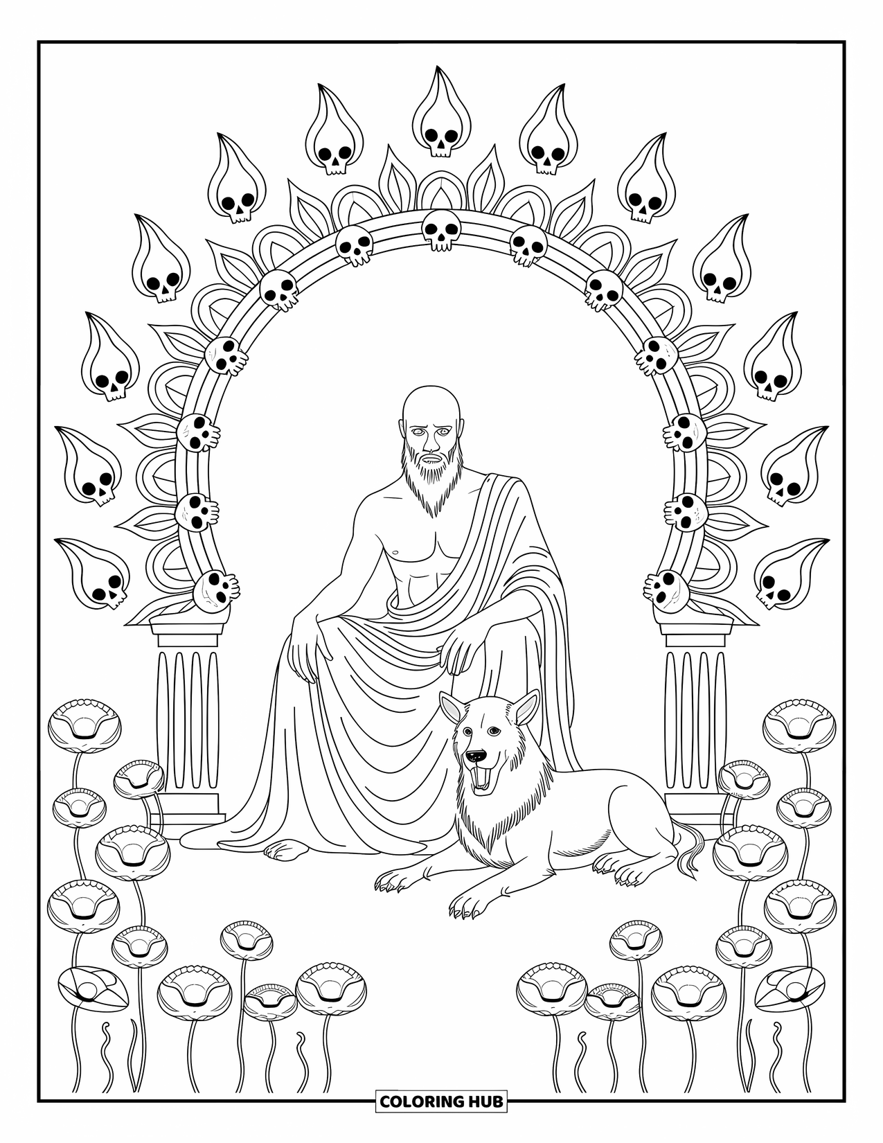 Greek Mythology Coloring Page for Adults: Hades and Cerberus sit among skulls, fire, and flowers in a peaceful underworld scene