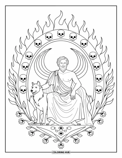 Dibujo de mitología griega para colorear para adultos: Hades descansa con dignidad mientras Cerbero lo guarda, rodeado de llamas y mandalas de amapolas