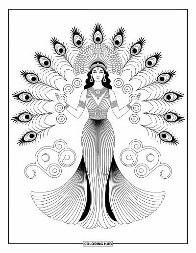 Dibujo de mitología griega para colorear para adultos: Hera posa orgullosa con un vestido plisado, enmarcada por plumas de pavo real y elegantes aros
