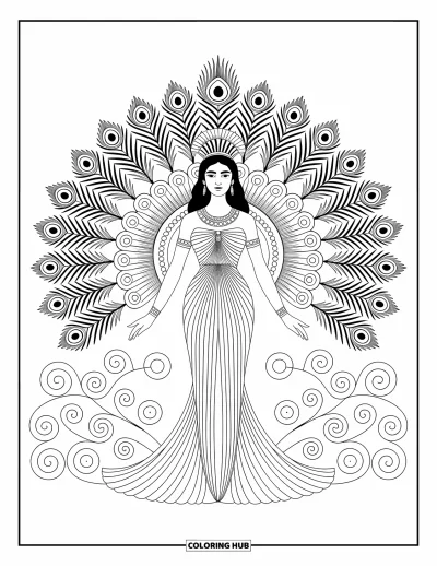 Dibujo de mitología griega para colorear para adultos: Hera se yergue majestuosa con su corona, rodeada de plumas, aros y elegantes volutas