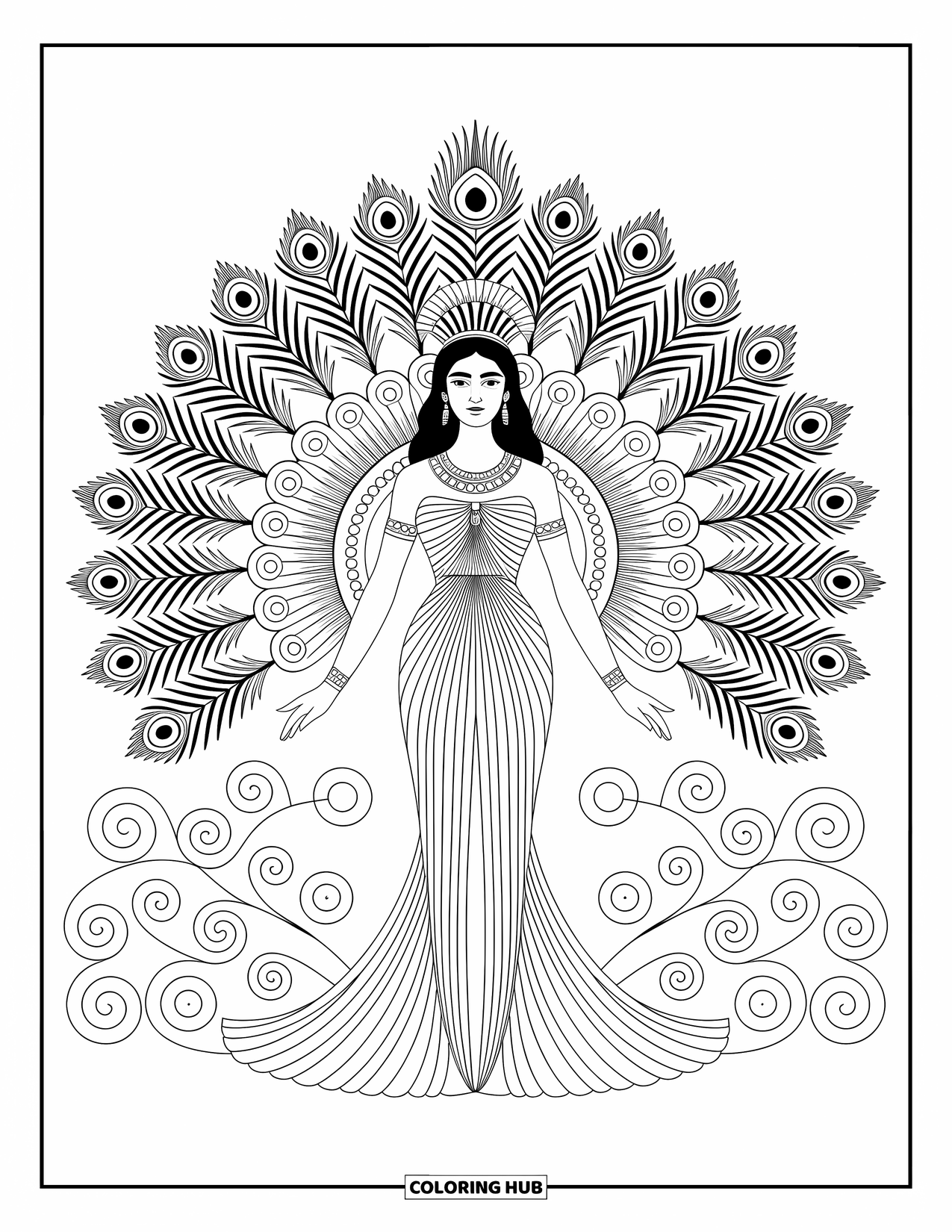 Greek Mythology Coloring Page for Adults: Hera stands tall with her crown, surrounded by feathers, rings, and graceful scrolls