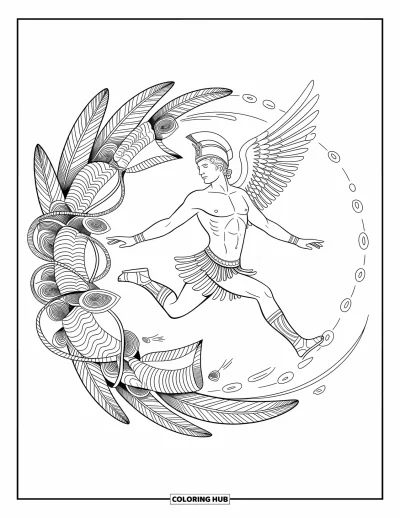Dibujo de mitología griega para colorear para adultos: Hermes salta en pleno vuelo rodeado de pergaminos, plumas y lazos de viento en espiral