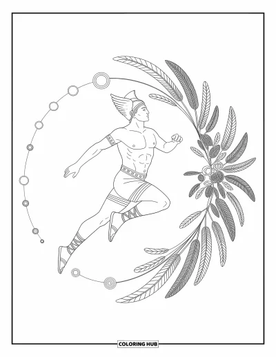 Dibujo de mitología griega para colorear para adultos: Hermes salta en el aire con sandalias aladas, pergaminos y plumas girando a su alrededor