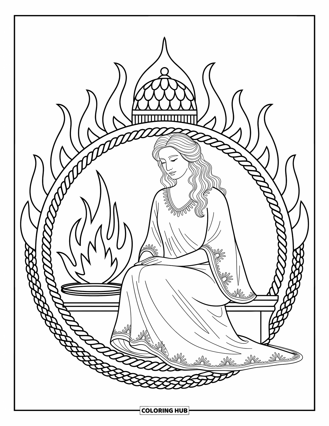 Greek Mythology Coloring Page for Adults: Hestia rests peacefully by the hearth, wrapped in a mandala of flames and braids