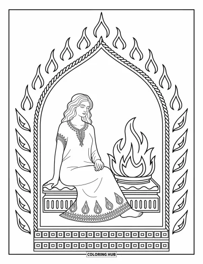 Dibujo de mitología griega para colorear para adultos: Hestia está sentada serenamente junto al fuego, con patrones trenzados y mandalas de templos a su alrededor