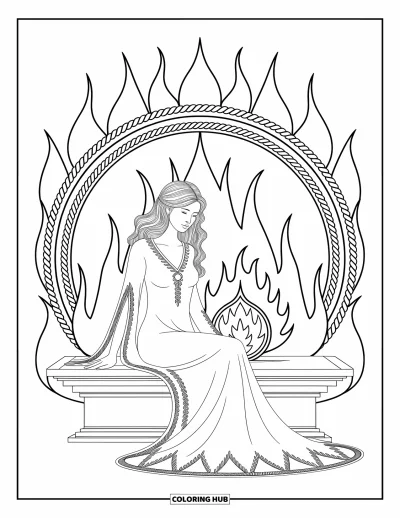Dibujo de mitología griega para colorear para adultos: Hestia está sentada en calma junto a cálidas llamas con cúpulas de templo y trenzas rodeándola suavemente