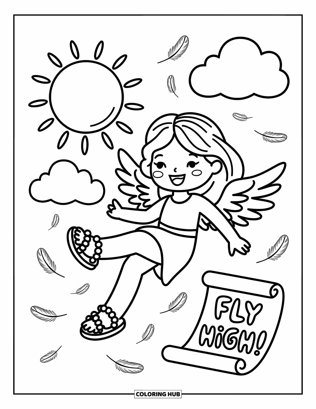Greek Mythology Coloring Page for Adults: Icarus floats near the sun with happy clouds, feathers, and a cheerful scroll