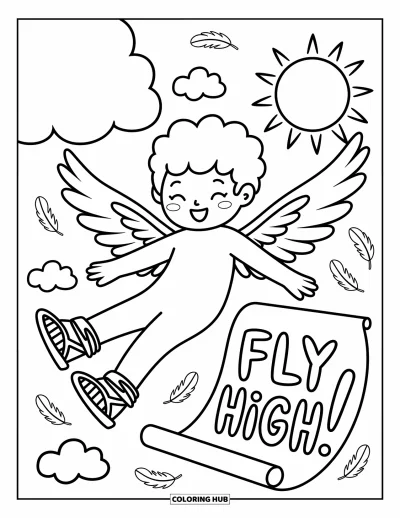 Dibujo de mitología griega para colorear para adultos: Un alegre Ícaro flota cerca del sol con rastros de plumas y un pergamino que dice "Fly High!"
