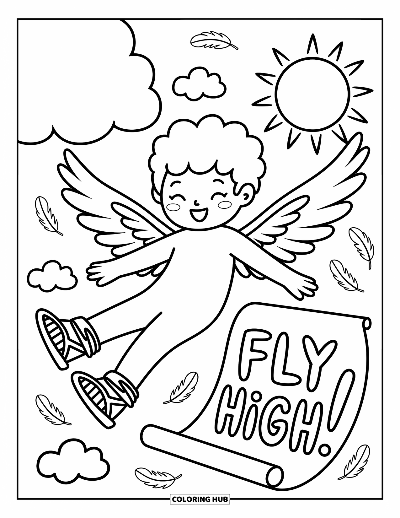 Greek Mythology Coloring Page for Adults: Joyful Icarus floats near the sun with feather trails and a scroll that says ìFly High!î