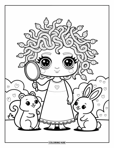 Dibujo de mitología griega para colorear para adultos: Medusa sonríe tímidamente con su cabello de serpientes enrolladas y amistosos animales de piedra a su lado
