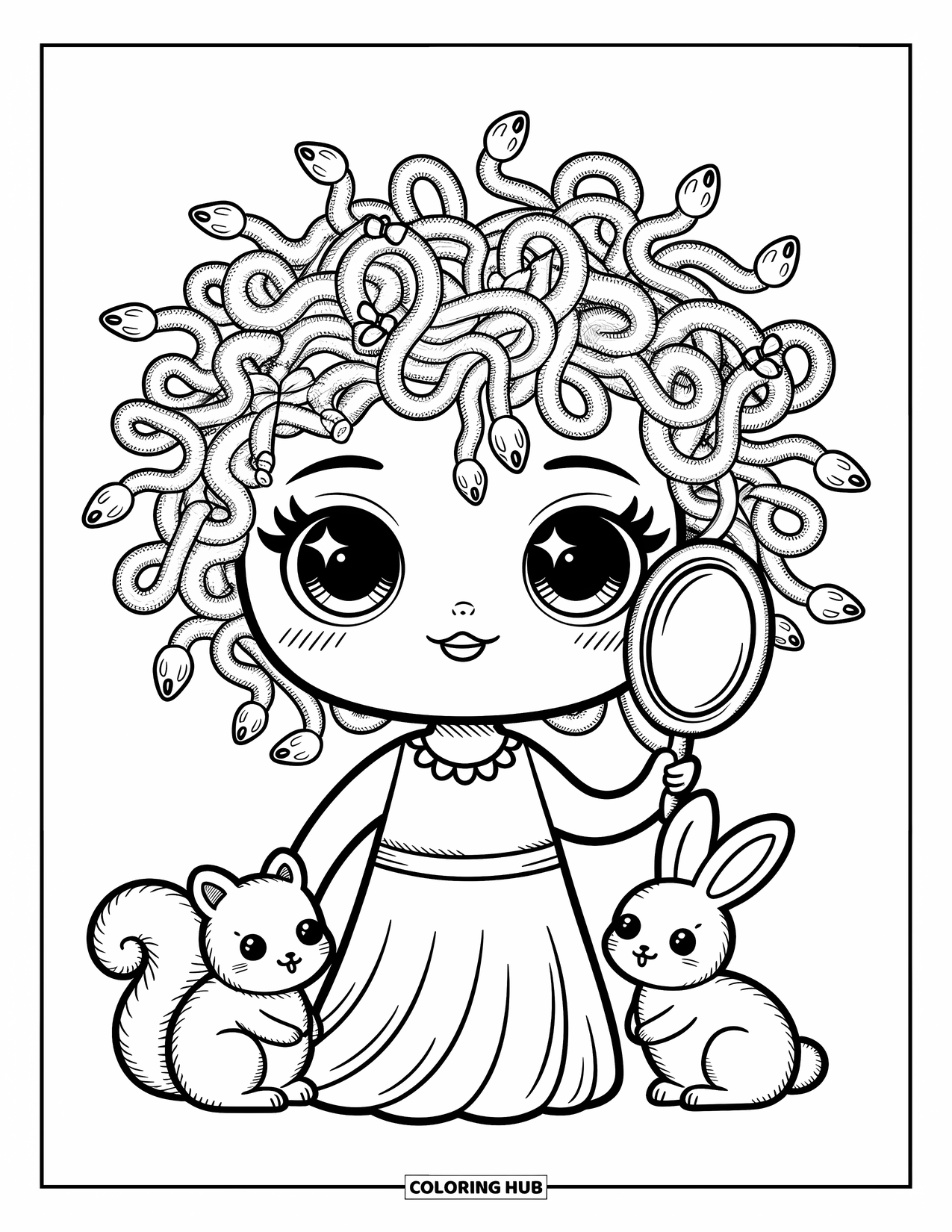 Greek Mythology Coloring Page for Adults: Medusa stands sweetly with bow-tied snakes and cozy stone animal friends