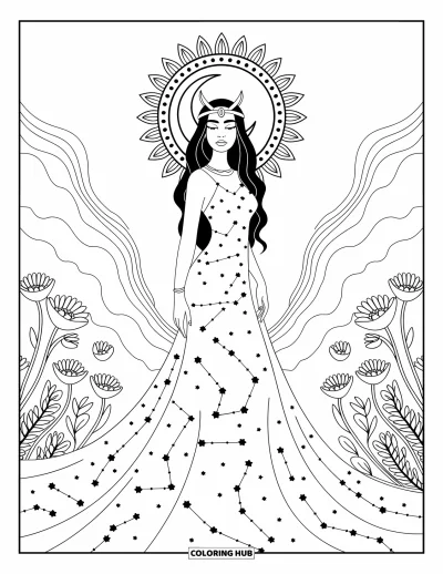 Dibujo de mitología griega para colorear para adultos: Nix contempla con calma con un vestido estrellado, enmarcada por lunas y mandalas de nebulosa en espiral