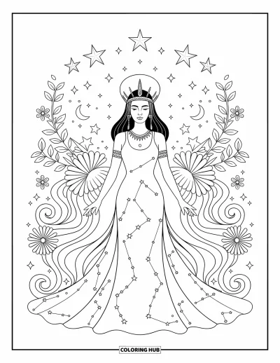 Dibujo de mitología griega para colorear para adultos: Nix brilla con su vestido de constelaciones, con formas celestes girando en un mandala cósmico