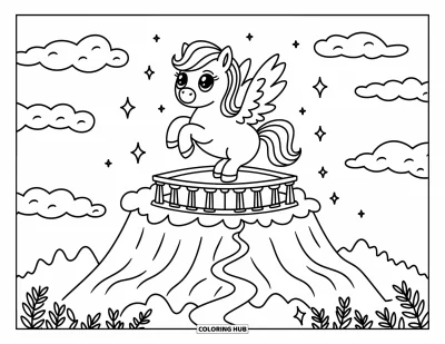 Dibujo de mitología griega para colorear para adultos: Pegaso vuela contento sobre un Monte Olimpo de caricatura, con destellos y caminos serpenteantes abajo