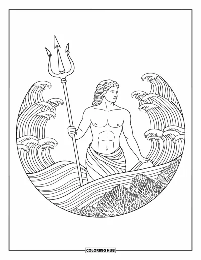 Dibujo de mitología griega para colorear para adultos: Poseidón alza su tridente con vestiduras de espuma marina, rodeado de coral y patrones de olas