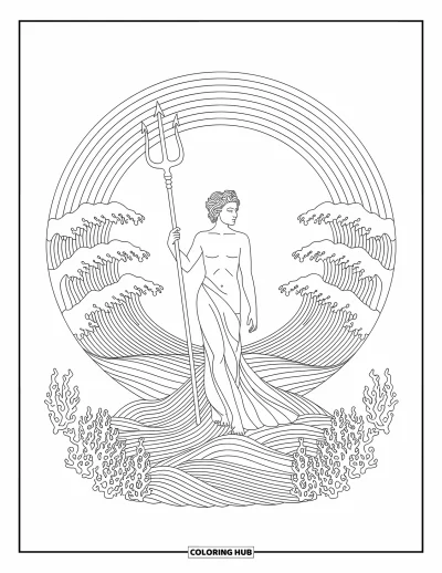 Dibujo de mitología griega para colorear para adultos: Poseidón se yergue majestuoso en aguas arremolinadas, rodeado de mandalas marinos y espirales de arrecife