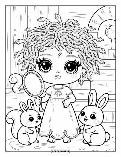 Dibujo de mitología griega para colorear para adultos: Una tímida Medusa sostiene un espejo rodeada de criaturas de piedra y rizos de serpiente sonrientes