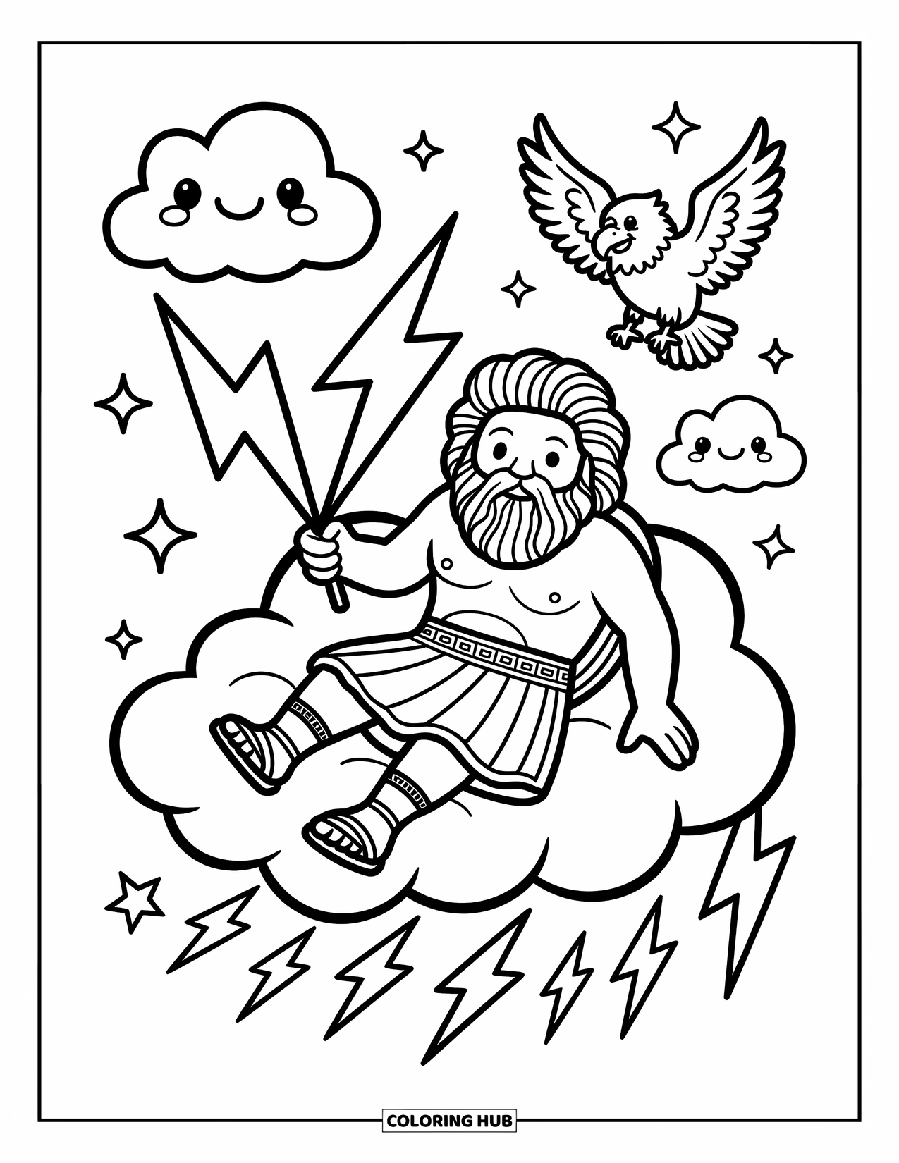 Greek Mythology Coloring Page for Adults: Zeus lounges on a cloud, holding stubby lightning bolts with a happy eagle nearby