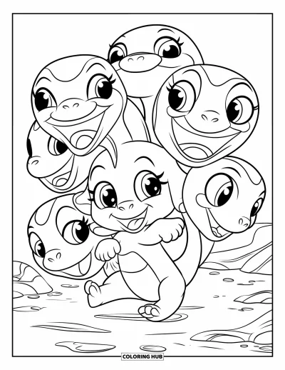 Dibujo de mitología griega para colorear para niños: Una pequeña Hidra sonríe ampliamente, cada cabeza llena de energía juguetona