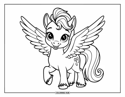Dibujo de mitología griega para colorear para niños: Un adorable Pegaso bebé posa orgulloso con su crin rizada y las alas abiertas