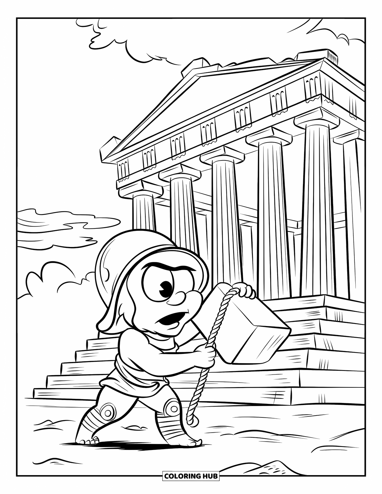 Greek Mythology Coloring Page for Kids: A cute cyclops helps raise columns under a clear, sunny sky