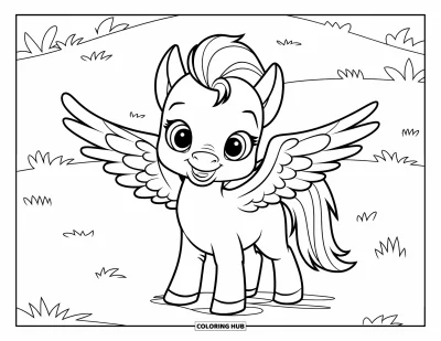 Dibujo de mitología griega para colorear para niños: Un esponjoso Pegaso posa contento en un brillante campo verde