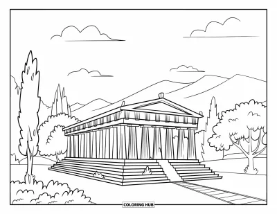Dibujo de mitología griega para colorear para niños: Un sereno templo griego se eleva rodeado de árboles y montañas