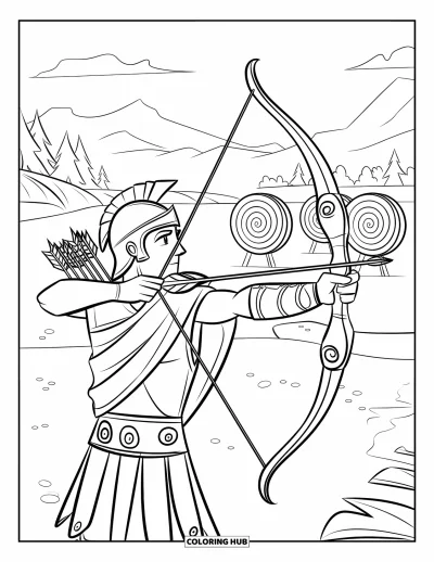 Dibujo de mitología griega para colorear para niños: Apolo apunta con cuidado a un blanco rodeado de árboles y montañas lejanas