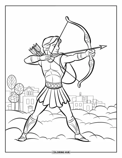 Dibujo de mitología griega para colorear para niños: Apolo dispara flechas a un blanco desde lo alto de las nubes