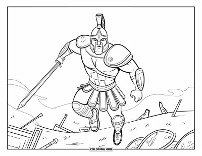 Dibujo de mitología griega para colorear para niños: Ares salta al combate, acorazado y feroz, ante una zona de guerra destruida