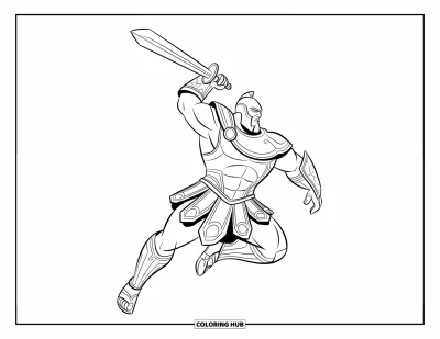Dibujo de mitología griega para colorear para niños: Ares, el dios de la guerra, salta con valentía con su espada y armadura