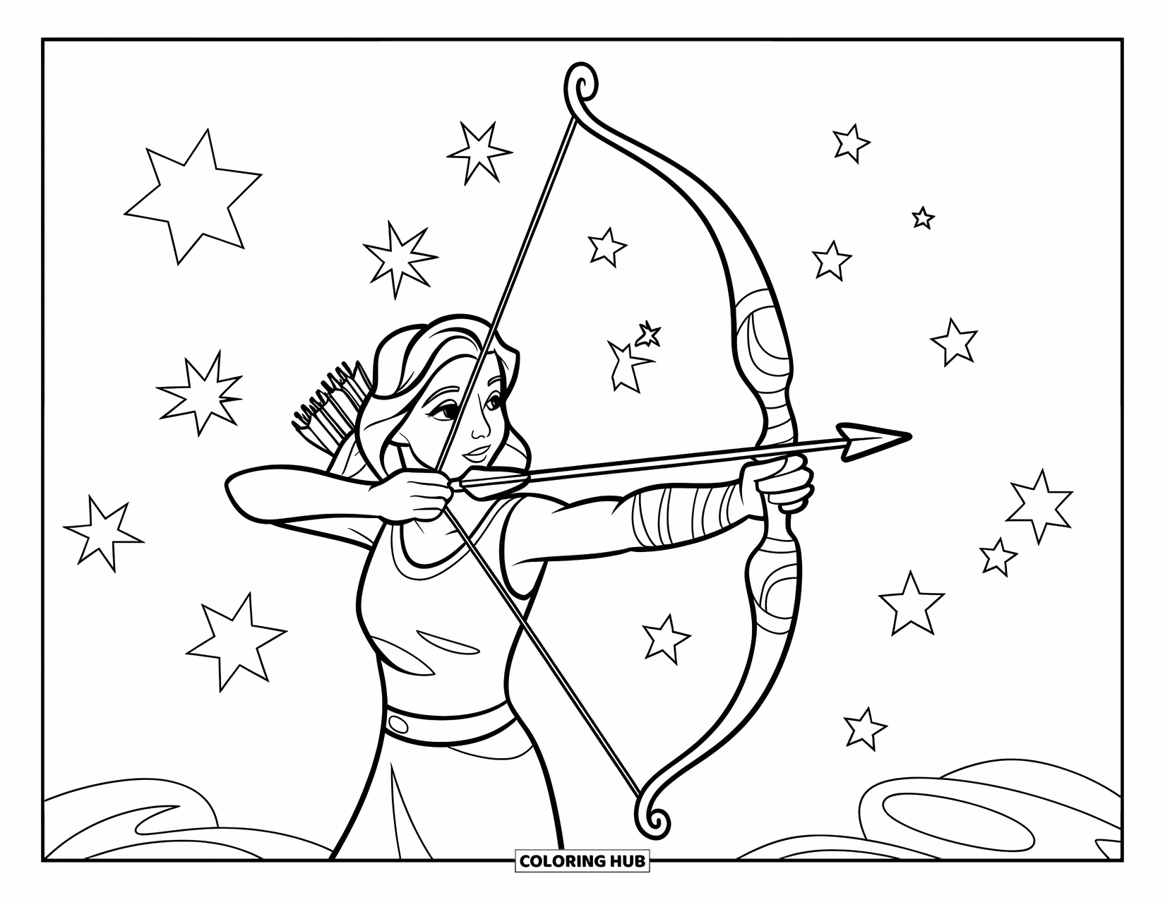 Greek Mythology Coloring Page for Kids: Artemis focuses under the stars, ready with her bow and arrow