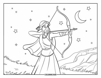 Dibujo de mitología griega para colorear para niños: Artemisa permanece firme bajo las estrellas, apuntando con su arco brillante