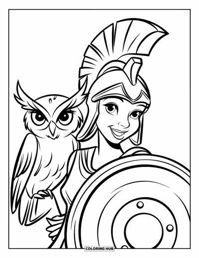 Dibujo de mitología griega para colorear para niños: Atenea sonríe orgullosa con su casco, escudo y un búho a su lado