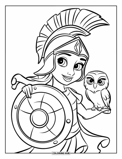 Dibujo de mitología griega para colorear para niños: Atenea está de pie radiante con su escudo y su búho compañero