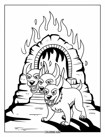 Dibujo de mitología griega para colorear para niños: Cerbero vigila una puerta de fuego con dientes afilados y ojos resplandecientes