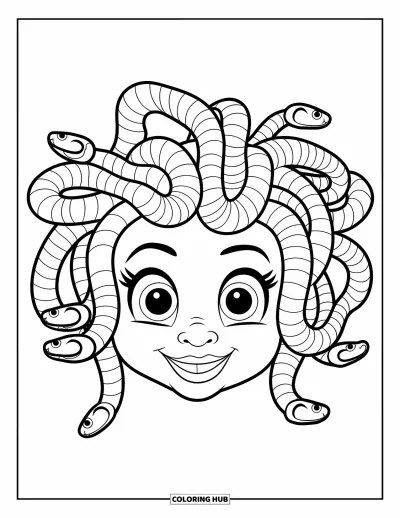 Dibujo de mitología griega para colorear para niños: Una simpática Medusa sonríe radiante con su cabello de serpientes rizadas rebotando a su alrededor