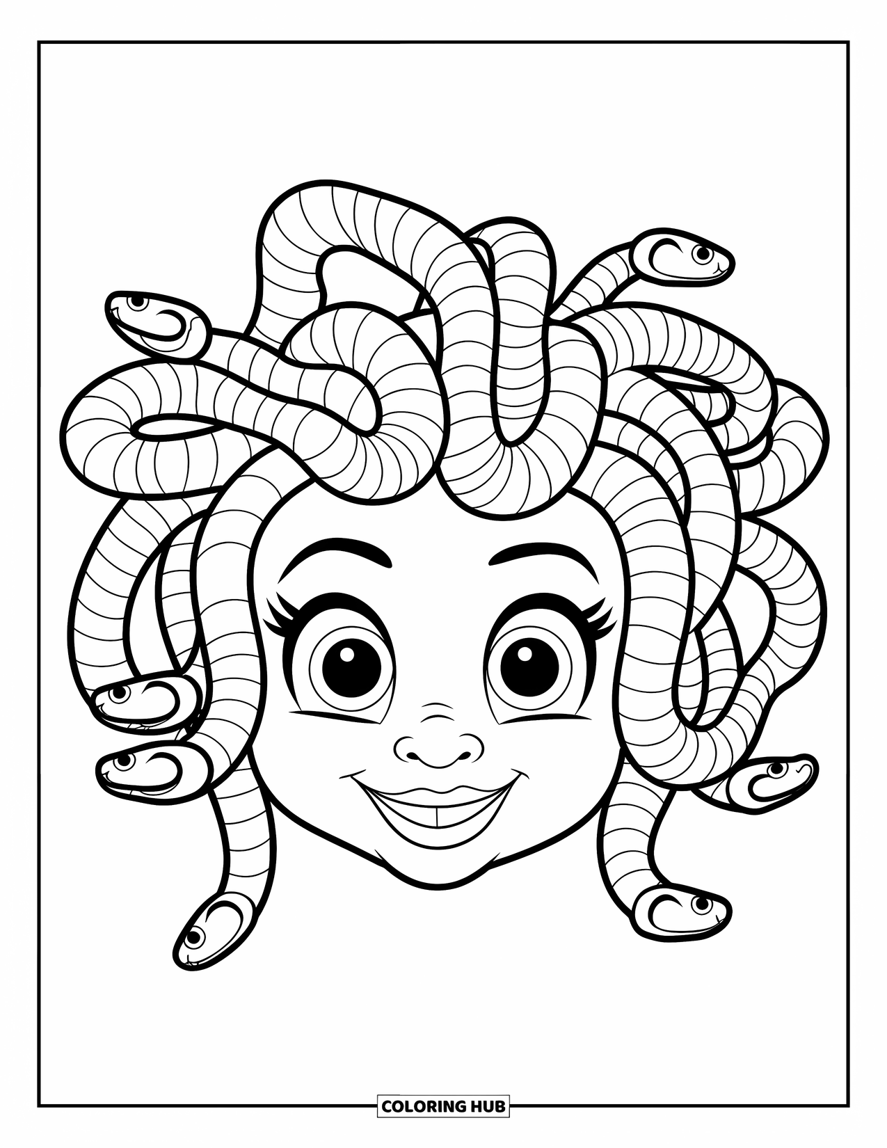 Greek Mythology Coloring Page for Kids: Cute Medusa smiles brightly, her curly snake hair bouncing around her