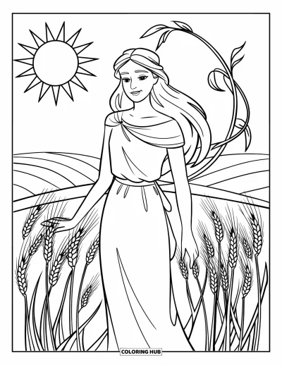 Dibujo de mitología griega para colorear para niños: Deméter sonríe suavemente en un campo de trigo dorado bajo el sol